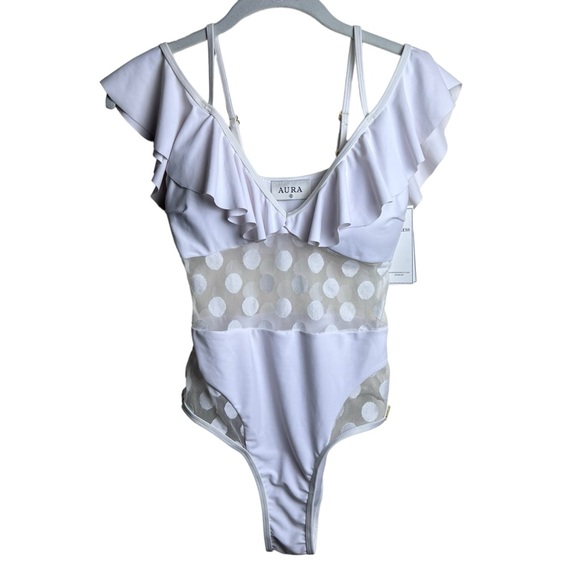 Aura White One Piece Swimsuit Sheer Panels Polka Dots Off Shoulder Size Small - Picture 2 of 11